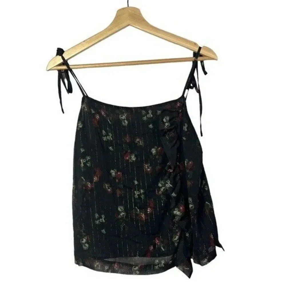 Avec Les Filles Black Floral Square Neck Tie Strap Tank Top S